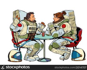 Astronauts man and woman couple date in a cafe. Meeting two friends. Pop Art Retro Vector Illustration Kitsch Vintage 50s 60s Style. Astronauts man and woman couple date in a cafe. Meeting two friends