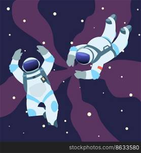 Astronauts. People in spacesuits and helmets in outer space. Galaxy exploration, Cosmonauts in zero gravity, universe explorer, cosmic journey. Black sky and stars. Vector cartoon flat illustration. Astronauts. People in spacesuits in outer space. Galaxy exploration, Cosmonauts in zero gravity, universe explorer, cosmic journey. Black sky and stars. Vector cartoon flat illustration