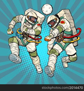 Astronauts play the planet like a ball, sports football rivalry, fight for victory. Pop art Retro vector illustration 50e 60 style. Astronauts play the planet like a ball, sports football rivalry, fight for victory