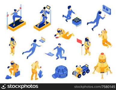 Astronauts training and working at space station and in outer space colorful isometric icons set isolated on white background 3d vector illustration