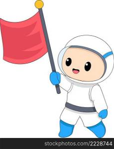 astronauts venture into space carrying red flags, cartoon flat illustration