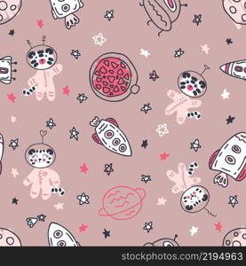 Astronauts white tigers in space hand drawn seamless pattern. Perfect for T-shirt, textile and print. Doodle vector illustration for decor and design.