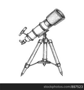Astronomer Equipment Telescope Monochrome Vector. Standing Telescope For Explore And Observe Galaxy And Cosmos. Discovery Optical Device Designed In Retro Style Black And White Illustration. Astronomer Equipment Telescope Monochrome Vector