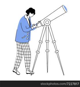 Astronomer flat contour vector illustration. Observing stars, sky. Scientist discovering space simple drawing. Man with telescope isolated cartoon outline character on white background. Astronomer flat contour vector illustration
