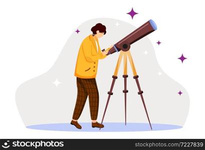 Astronomer flat vector illustration. Observing stars, planets, sky. Scientist with special equipment. Discovering space objects. Man with telescope isolated cartoon character on white background. Astronomer flat vector illustration