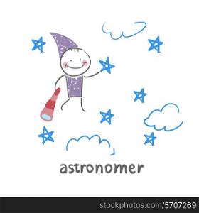astronomer flies in the stars. Fun cartoon style illustration. The situation of life.