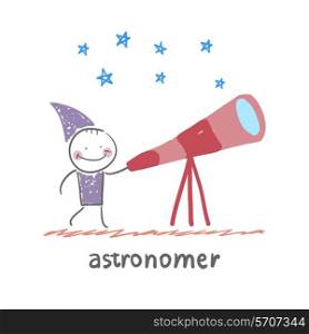 astronomer looking through a telescope. Fun cartoon style illustration. The situation of life.
