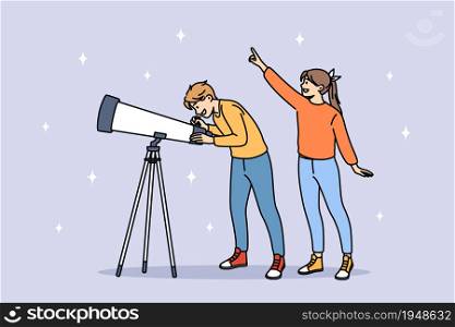 Astronomy and looking at stars concept. Smiling kids children boy and girl standing pointing at sky using telescope to watch space vector illustration. Astronomy and looking at stars concept