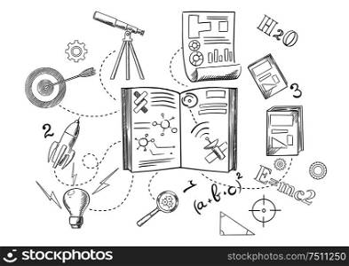 Astronomy and physics science icons with light bulb and books, spaceship and target, magnifying glass, formulas and symbols. Vector sketch illustration. Astronomy and physics science icons