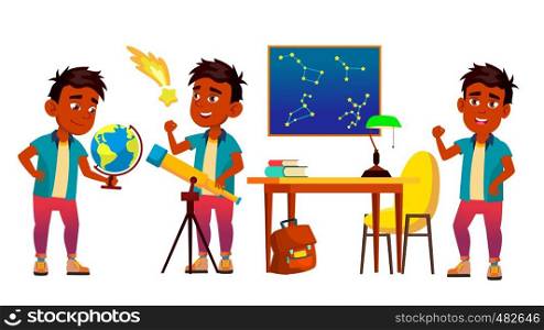 Astronomy, Astrophysics Student Vector Cartoon Characters Set. Astronomy Faculty, Space Exploration. Stars Observing. Young Astronomer, Scientist Studying, Looking At Telescope Flat Illustration. Astronomy, Astrophysics Student Vector Cartoon Characters Set
