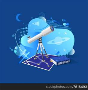 Astronomy book, constellation paper, telescope equipment, blue liquid spot decorated by moon, planets and stars elements, spaceship and satellite vector. Planets and Space, Telescope and Stars Vector