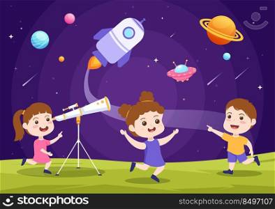 Astronomy Cartoon Illustration with Cute Kids Watching Night Starry Sky, Galaxy and Planets in Outer Space Through Telescope in Flat Hand Drawn Style