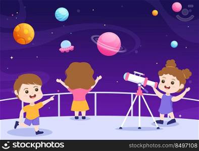 Astronomy Cartoon Illustration with Cute Kids Watching Night Starry Sky, Galaxy and Planets in Outer Space Through Telescope in Flat Hand Drawn Style