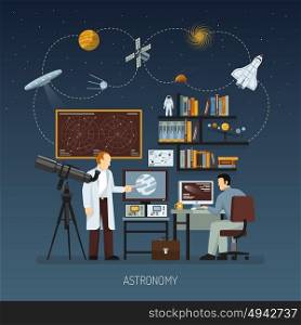 Astronomy Design Concept. Astronomy design concept with scientists busying cosmos exploration and modern equipment for space research flat vector illustration