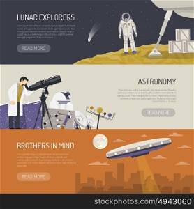Astronomy Flat Horizontal Banners. Astronomy horizontal banners set of lunar explorers observatory equipment for space research and ufo images flat vector illustration