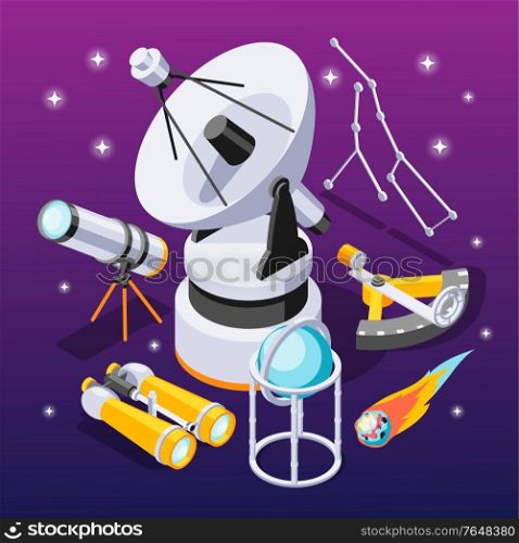 Astronomy isometric composition with icons of observational appliances with constellations of stars on purple gradient background vector illustration