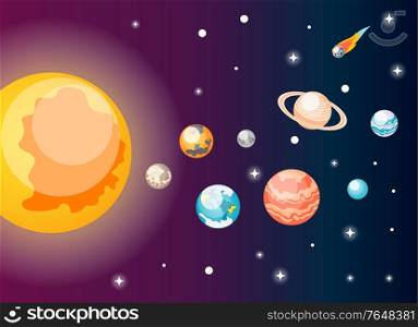 Astronomy isometric composition with view of outer space and images of sun and solar system planets vector illustration