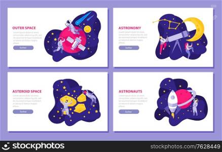 Astronomy space people flat 4x1 set of horizontal banners with doodle images editable text and buttons vector illustration