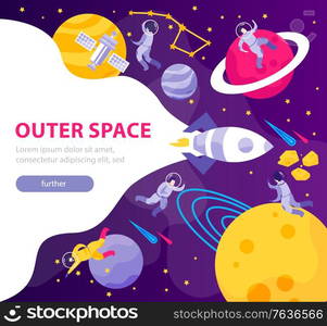 Astronomy space people flat background with editable text clickable button and composition of doodle cosmic images vector illustration