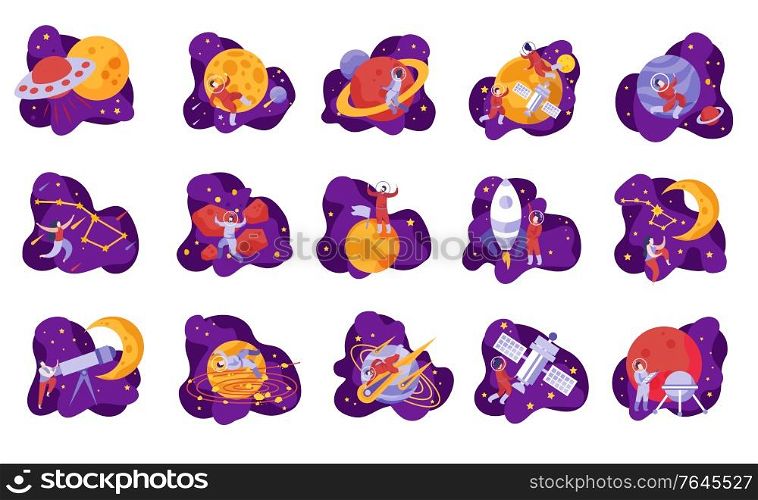 Astronomy space people flat recolor set of isolated compositions with astronaut spaceships satellites and planets images vector illustration