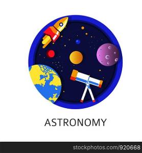 Astronomy subject in school, discipline with celestial bodies study vector. Spacecraft rocket flying in starry night sky, telescope making researches. Flight of spaceship, galaxies discoveries. Astronomy subject in school, discipline with celestial bodies study