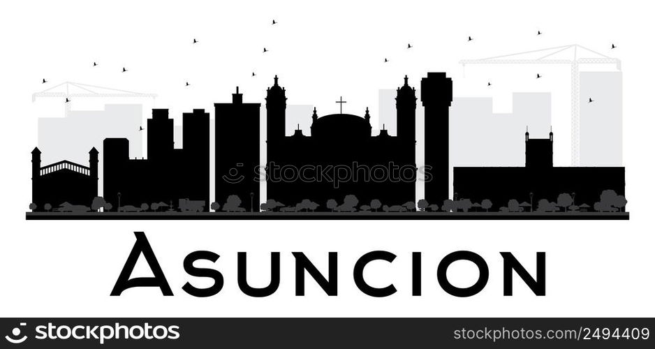 Asuncion City skyline black and white silhouette. Vector illustration. Simple flat concept for tourism presentation, banner, placard or web site. Business travel concept. Cityscape with landmarks.