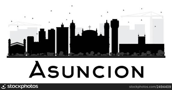 Asuncion City skyline black and white silhouette. Vector illustration. Simple flat concept for tourism presentation, banner, placard or web site. Business travel concept. Cityscape with landmarks.