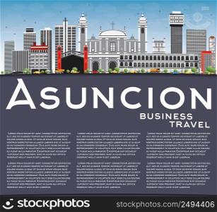 Asuncion Skyline with Gray Buildings, Blue Sky and Copy Space. Vector Illustration. Business Travel and Tourism Concept with Modern Architecture. Image for Presentation Banner Placard and Web Site.
