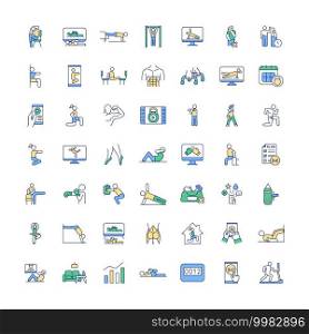 At-home fitness workout RGB color icons set. Online physical training classes. Building strength and balance. Burning calories, losing weight. Online fitness coach. Isolated vector illustrations. At-home fitness workout RGB color icons set
