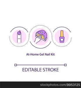 At-home gel nail kit concept icon. Home beauty treatment thin line illustration. DIY nail design. various tools for manicure. Vector isolated outline RGB color drawing. Editable stroke. At-home gel nail kit concept icon