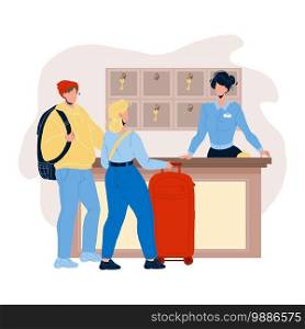 At Hotel Reception Registering Guest Couple Vector. Young Man And Woman Tourists With Baggage Talking With Receptionist At Motel Reception In Lobby. Characters Flat Cartoon Illustration. At Hotel Reception Registering Guest Couple Vector