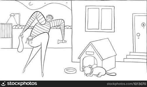 At night the dog is sleeping and the thief is trying to enter the house by walking on his toes. Vector illustration. Black outlines and white background.