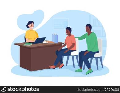 At principals office with parent 2D vector isolated illustration. Formal appointment flat characters on cartoon background. Headmistress room colourful scene for mobile, website, presentation. At principals office with parent 2D vector isolated illustration