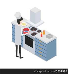 At Restaurant. Male Chef Taking Pot on Cooker. At kitchen. Male chef taking pot with water on four-burners cooker. Process of meal preparing. Sauce bottles and tray are on workplace. Isolated man wearing white uniform and hat. Flat design. Vector