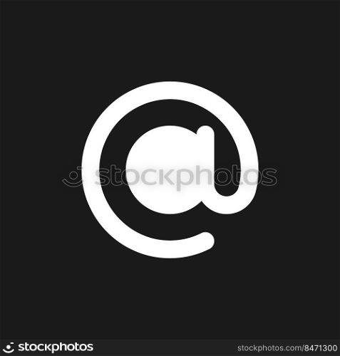 At sign dark mode glyph ui icon. Email address. Online communication. User interface design. White silhouette symbol on black space. Solid pictogram for web, mobile. Vector isolated illustration. At sign dark mode glyph ui icon