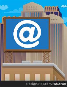 At sign, E-Mail, mail internet symbol on a billboard sign atop a brick building. Outdoor advertising in the city. Large banner on roof top of a brick architecture.