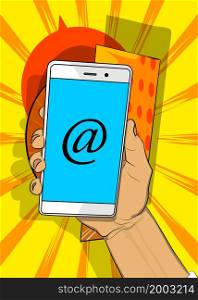 At sign, E-Mail, mail internet symbol on Smartphone screen. Cartoon vector illustrated mobile phone.