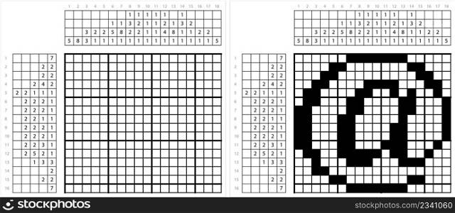 At Sign Nonogram Pixel Art,  , At A Rate Of, Email Addresses, Commercial At, Address Sign, Symbol, Vector Art Illustration, Logic Puzzle Game Griddlers, Pic-A-Pix, Picture Paint By Numbers, Picross