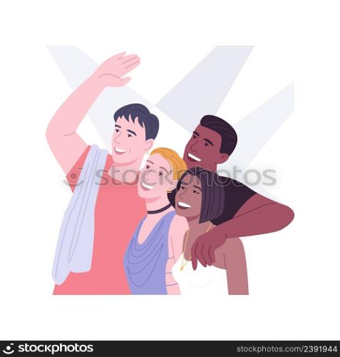 At the concert isolated cartoon vector illustrations. Group of smiling friends have fun at the concert, grand events, festival venue, nighttime leisure activities together vector cartoon.. At the concert isolated cartoon vector illustrations.