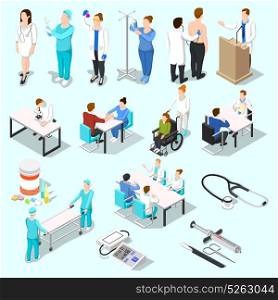 At The Doctors Collection. Isometric people doctor set of isolated medical equipment pills and human characters of doctor and patients vector illustration