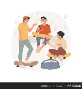 At the skate park isolated cartoon vector illustration. Hanging out at skate park with friends, teens leisure time together, boys chilling and talking, guys listening to music vector cartoon.. At the skate park isolated cartoon vector illustration.