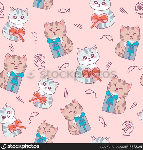 ?at with gift ?ute pattern seamless. Happy kitten with stripes holding surprise box with ribbon decorative fun art trendy anime decoration colorful pattern with adorable vector animals.. ?at with gift ?ute pattern seamless. Happy kitten with stripes holding surprise box with ribbon decorative fun art trendy.