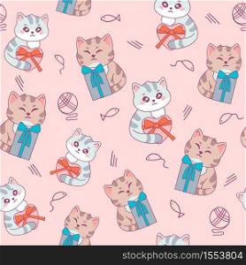 ?at with gift ?ute pattern seamless. Happy kitten with stripes holding surprise box with ribbon decorative fun art trendy anime decoration colorful pattern with adorable vector animals.. ?at with gift ?ute pattern seamless. Happy kitten with stripes holding surprise box with ribbon decorative fun art trendy.