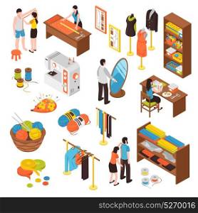 Atelier Studio Isometric Icons Set . Atelier studio isometric icons set of mannequin sewing machine tailor customer standing in front of mirror isolated vector illustration