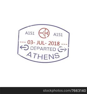 Athens departed visa st&isolated grunge airport sign with planes. Vector Greece border control sign, international immigration mark with date. Departure symbol, air post mark, passport control. Visa st&departed from Athens isolated post sign