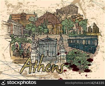 athens doodles with grunge vector illustration