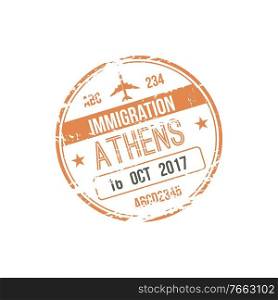 Athens immigration visa st&isolated. Vector arrival to Greece sign in passport. Immigration arrival visa st&to Athens isolated