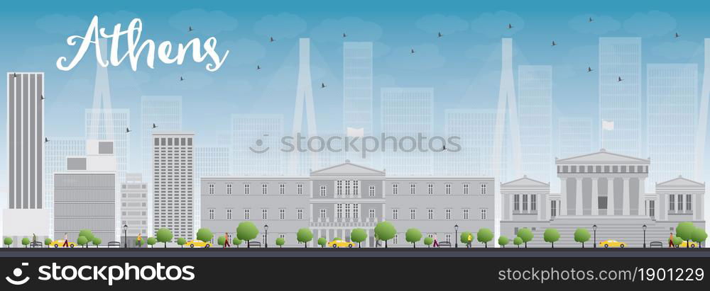 Athens Skyline with Grey Buildings and Blue Sky. Vector Illustration