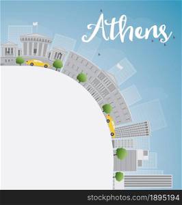 Athens Skyline with Grey Buildings, Blue Sky and copy space. Vector Illustration
