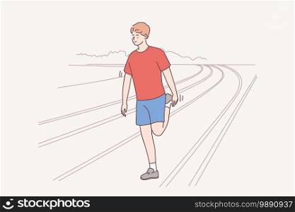 Athlete, active lifestyle, sport, training concept. Young Caucasian man cartoon character in bright sports clothes doing stretching warming up exercises on stadium before workout vector illustration. Athlete, active lifestyle, sport, training concept